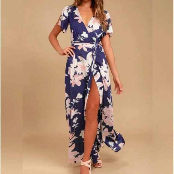 Lulus Womens Tropical Vacation Dress V-Neck Floral Wrap Flutter Sleeve Blue Sz S - Picture 3 of 14